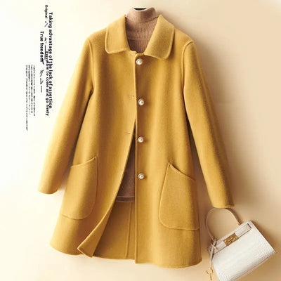 Wool Pearl Buckle Double-faced Woolen Goods Women's Doll Collar Mid-length Coat null