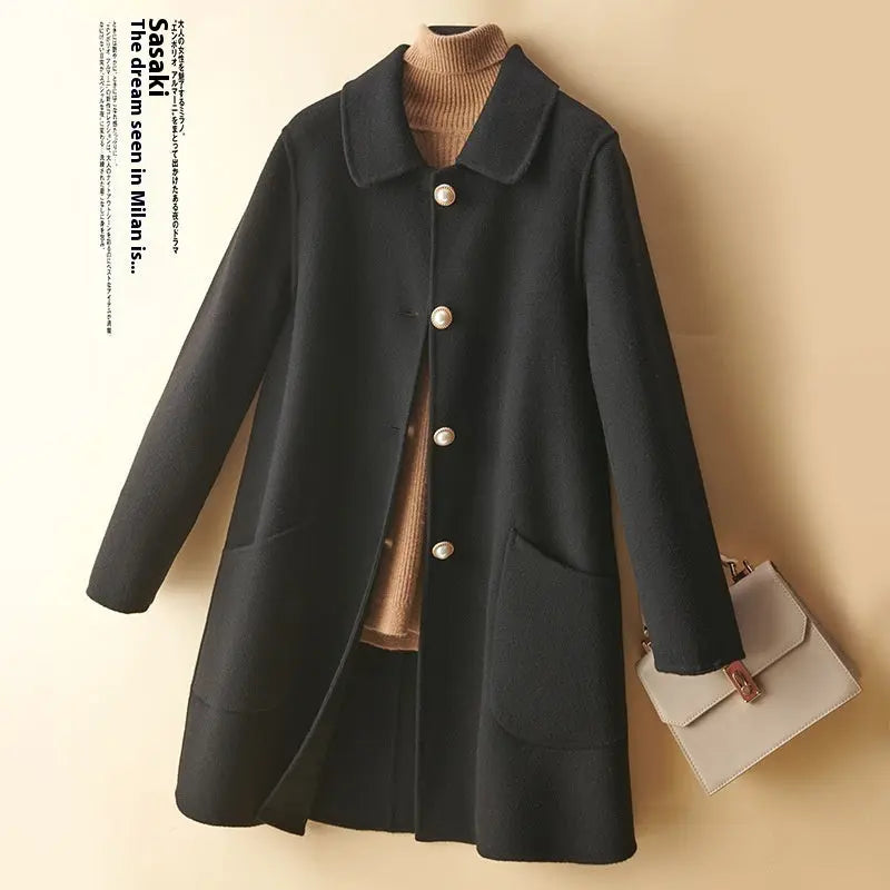 Wool Pearl Buckle Double-faced Woolen Goods Women's Doll Collar Mid-length Coat null
