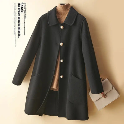Wool Pearl Buckle Double-faced Woolen Goods Women's Doll Collar Mid-length Coat null
