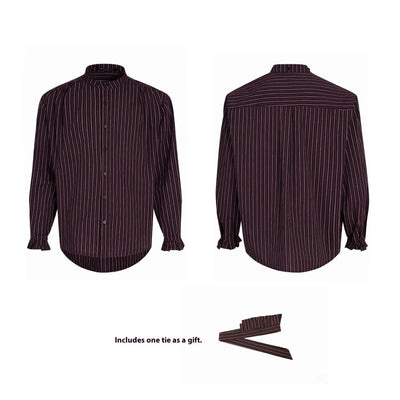 French Style Vintage Vertical Stripes Long Sleeve Tie Shirt null