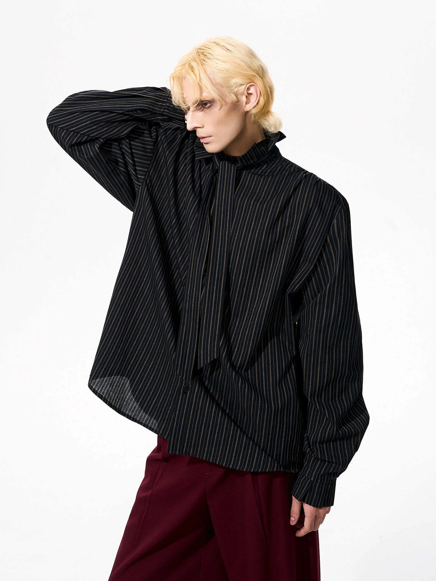 French Style Vintage Vertical Stripes Long Sleeve Tie Shirt null