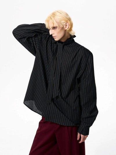 French Style Vintage Vertical Stripes Long Sleeve Tie Shirt null