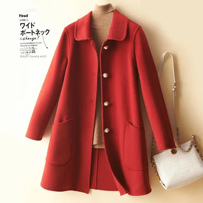 Wool Pearl Buckle Double-faced Woolen Goods Women's Doll Collar Mid-length Coat null