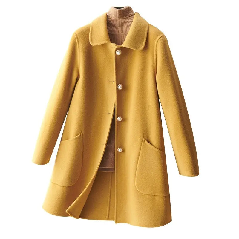 Wool Pearl Buckle Double-faced Woolen Goods Women's Doll Collar Mid-length Coat null