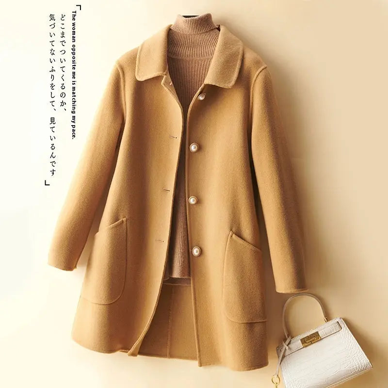 Wool Pearl Buckle Double-faced Woolen Goods Women's Doll Collar Mid-length Coat null